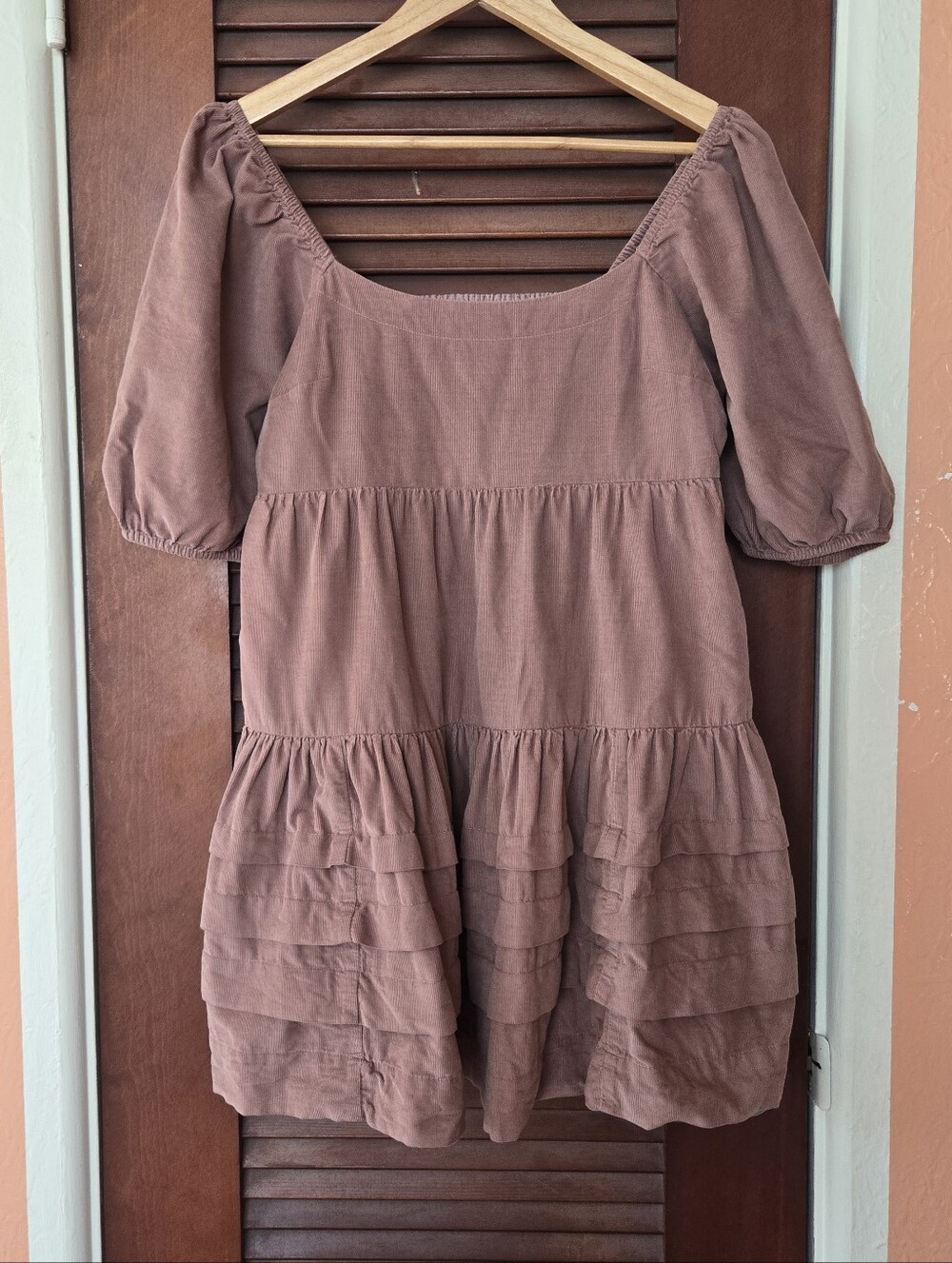 American Eagle Outfitters Dusty Rose Corduroy Puff-Sleeve Dress With Ruffles, M